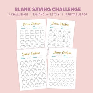 Puede incluir: Cuatro plantillas de desafío de ahorro imprimibles A6 (3,5" x 6"). Cada plantilla presenta un diseño diferente: alcancías, bolsas de dinero, carteras y corazones. Cada plantilla tiene un espacio para un objetivo, una fecha de inicio y una fecha de finalización.