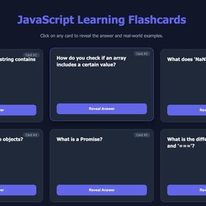 May include: A dark blue digital flashcard set for learning JavaScript. The cards pose questions like "How do you check if a string contains a substring?" and "What is a Promise?" Each card has a "Reveal Answer" button.