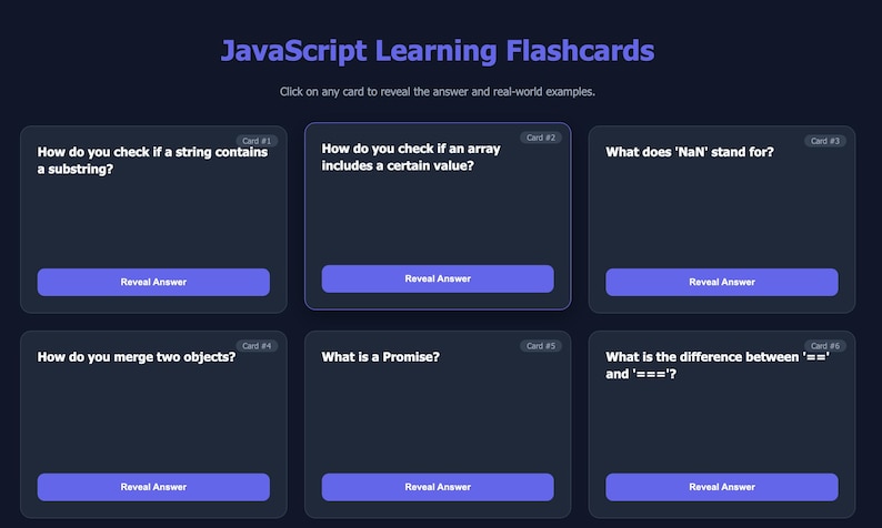 May include: A dark blue digital flashcard set for learning JavaScript. The cards pose questions like "How do you check if a string contains a substring?" and "What is a Promise?" Each card has a "Reveal Answer" button.