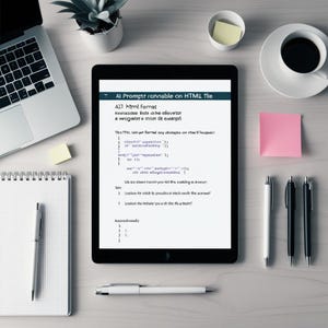 Puede incluir: Una tableta negra que muestra código titulado "AI Promptt nunnable on HTML file" está sobre un escritorio de madera clara. Una computadora portátil, un bloc de notas, bolígrafos, una taza de café y notas adhesivas están cerca. El texto está en fuente clara.