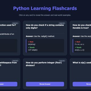 Peut inclure: Cartes m&eacute;moire Python bleues fonc&eacute;es avec des questions et des r&eacute;ponses. Le texte "Python Learning Flashcards" est en haut. Chaque carte contient une question, une r&eacute;ponse et des exemples. Les cartes sont dispos&eacute;es en grille.