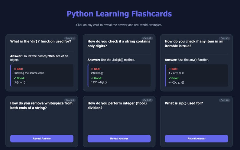 Peut inclure: Cartes m&eacute;moire Python bleues fonc&eacute;es avec des questions et des r&eacute;ponses. Le texte "Python Learning Flashcards" est en haut. Chaque carte contient une question, une r&eacute;ponse et des exemples. Les cartes sont dispos&eacute;es en grille.