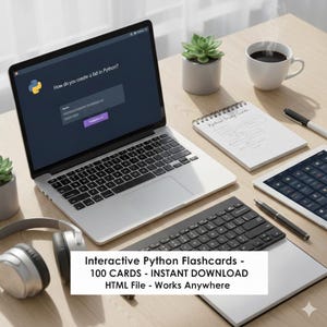 Może przedstawiać: Laptop z pytaniem dotyczącym kodowania w języku Python, otoczony materiałami do nauki. Na drewnianym biurku filiżanka kawy, tablet, notatnik i klawiatura. Tekst na obrazku: Interactive Python Flashcards - 100 CARDS - INSTANT DOWNLOAD HTML File - Works Anywhere.