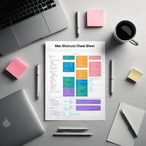 May include: A printable Mac keyboard shortcuts cheat sheet with color-coded sections for different categories of shortcuts. The cheat sheet includes shortcuts for common tasks such as opening and closing applications, navigating files, and editing text.