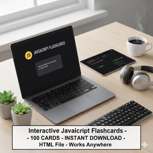 May include: A laptop showing "JAVASCRIPT FLASHCARDS" with a question, a tablet, headphones, a keyboard, and a coffee cup on a wooden desk. The text "Interactive Javascript Flashcards - 100 CARDS - INSTANT DOWNLOAD - HTML File - Works Anywhere" is at the bottom of the image.