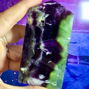 Rainbow Fluorite Crystal Tower, Rainbow Fluorite Tower Obelisk Point,  Crystal Tower,  Green Purple Tower, Third Eye Chakra, Virgo Zodiac