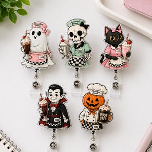Haunted Diner Badge Reel, Halloween Waitress Badge Reel, Spooky Diner Badge Reel, Retro Halloween Badge Reel, Diner Drink Badge Reel