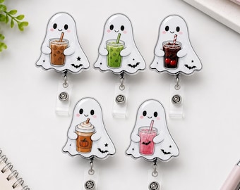 Bębenek z odznaką ducha z mrożonej kawy, uroczy identyfikator na Halloween, wysuwany klips z dynią i przyprawami korzennymi, upiorna odznaka pielęgniarki, duch Starbucks