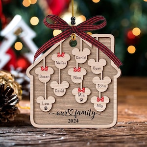 Personalized Disney Family Christmas Ornament 2024, Mickey Minnie Christmas Ornament with Family Member Names, 2-Layered Wooden Ornament