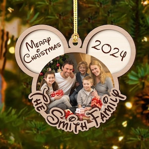 Custom Photo Family Christmas Ornament, Photo Memorial Day Gift, Mickey Ornament, Disneyland Family Trip ornament, 2-Layered Wooden Ornament