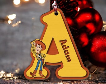 Enfeite de nome de letra de Toy Story personalizado, enfeite de Natal de madeira, enfeite de chá de bebê, lembrança de letra de Toy Story, enfeite de madeira de 2 camadas