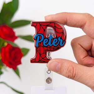 Custom Spiderman Letter Badge Reel, Personalized Initial Name ID Holder, Superhero Acrylic Badge Clip, Nurse Gift, Peter Parker Lanyard