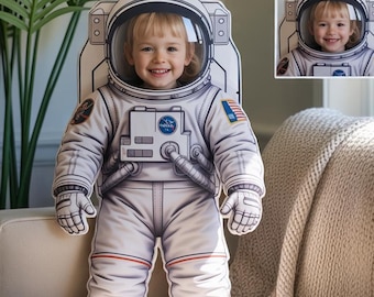 Personalized Face Photo Pillow, Custom Astronaut Pillow, Space Suit Kids Gift, NASA Shaped Pillow, Birthday Plush Doll, Outer Space Decor