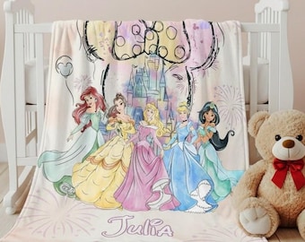 Disney Princess Blanket, Ariel Belle Aurora Cinderella Jasmine Throw, Custom Name Princess Bedding, Coquette Birthday Girl Gift