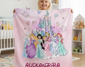 Personalized Disney Princess Blanket, Elsa Rapunzel Jasmine Aurora Cinderella Ariel Throw, Coquette Bows Bedding, Birthday Girl Gift