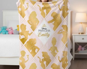 Personalized Princess Silhouette Blanket, Custom Disney Name Blanket for Girls, Gold Pink Fairytale Style Blanket, Kids Room Gift