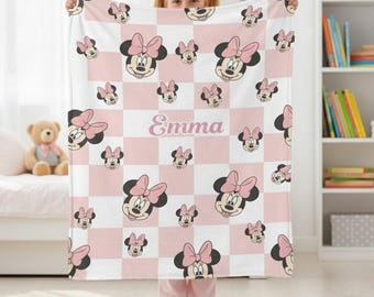 Manta de cuadros de Minnie Mouse, moderna manta de forro polar, manta personalizada con nombre de Minnie