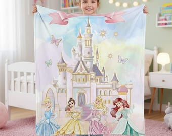 Custom Disney Princess Blanket, Ariel Aurora Cinderella Belle Throw, Coquette Bows Bedding, Personalized Princess Gift for Girls