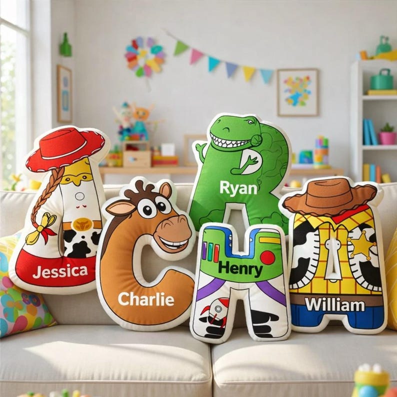 Almofada personalizada com o alfabeto de Toy Story, Woody, Buzz Lightyear e Jessie Rex - Presente para crianças. Almofada com nome de Toy Story, pelúcia personalizada de personagem para crianças. imagem 1