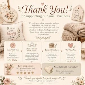 May include: A beige thank you card for a small business featuring brown text, floral illustrations, and icons of a heart, house, gift, and stars. The text includes 'Thank You! for supporting our small business' and 'Need help with your order?'