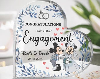 Placa de compromiso de Disney personalizada con forma de corazón, regalos de boda de Mickey y Minnie, recuerdo de Disney de Sr. y Sra., placa de felicitación con fecha de compromiso