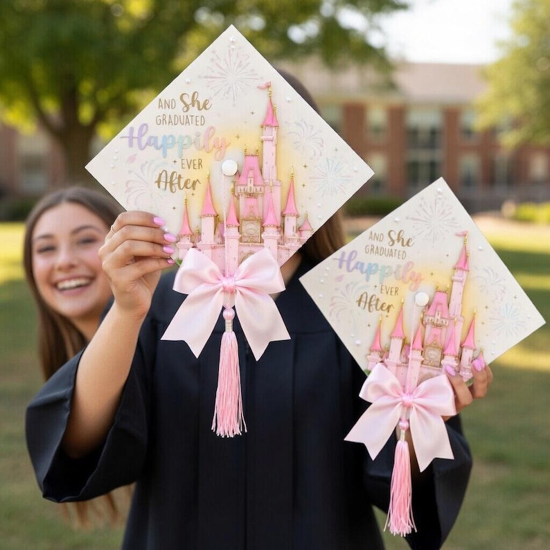 May include: Two square graduation cap toppers featuring a pink castle illustration, fireworks, and the text "And She Graduated Happily Ever After". Each topper is decorated with a light pink satin bow and a matching pink tassel hanging from the center.