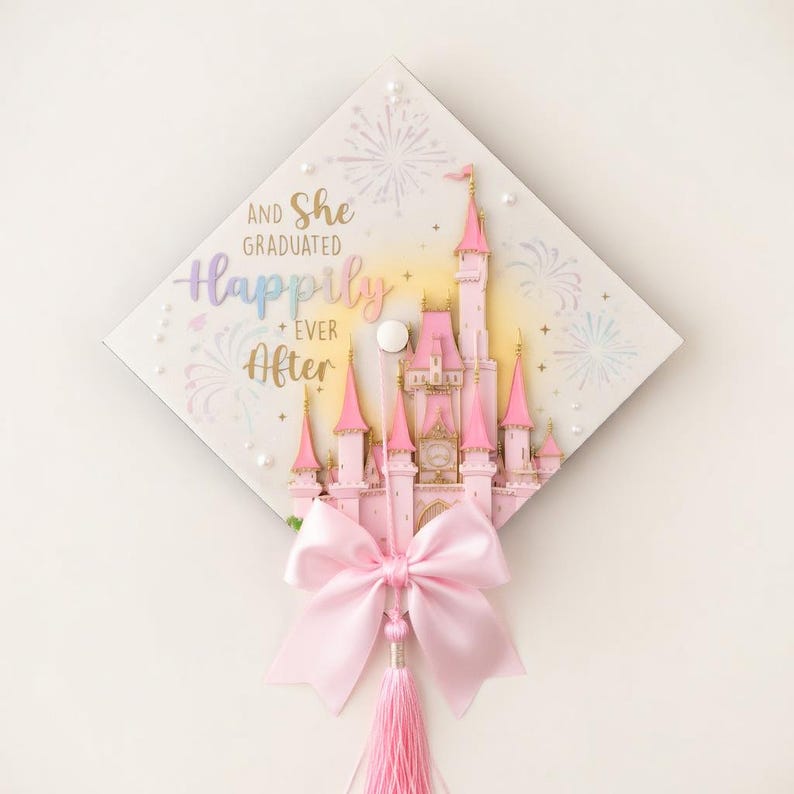 May include: A square graduation cap topper featuring a pink castle illustration, white firework accents, and the text "AND SHE GRADUATED Happily EVER After". The design includes small white pearls and a large, light pink satin bow with a matching tassel.