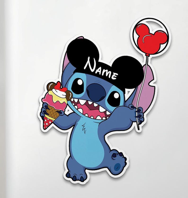 May include: A blue cartoon character, wearing a black hat with the name "NAME" on it, holds a red Mickey Mouse balloon and an ice cream cone. The ice cream has pink and yellow layers. The character has large eyes and a wide smile.