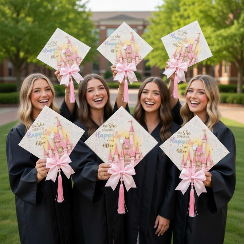 Custom Graduation Cap Topper, Disneyland Castle Grad Cap, Princess Happily Ever After Cap Topper, Pink Fairy Tale Graduation Decor image 7