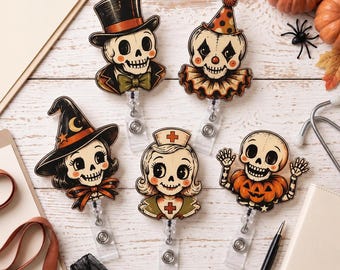 Halloween-Skelett-Ausweishalter, Vintage-Totenkopf-Krankenschwester-Ausweishalter, Gruseliger Hexenclip, Skelett-Krankenschwester-Ausweishalter, Retro-Halloween-Geschenk für Mediziner