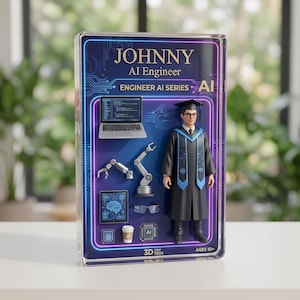 May include: A boxed toy figure of "Johnny AI Engineer" in a graduation gown and cap. The box includes a laptop, robotic arm, tablet, glasses, and a coffee cup. The box has the text "Engineer AI Series" and "3D Toy Tech".