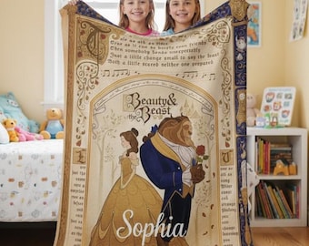 Personalized Beauty and the Beast Blanket, Vintage Belle and Beast Throw, Fairytale Storybook Blanket, Custom Princess Gift for Kids