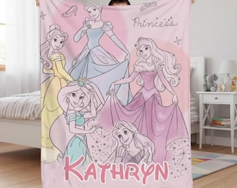 Personalized Disney Princess Blanket,Belle Rapunzel Tiana Ariel Elsa Blanket,Disney Gift,Disney Bedding,Custom Name Princess Throw for Kids