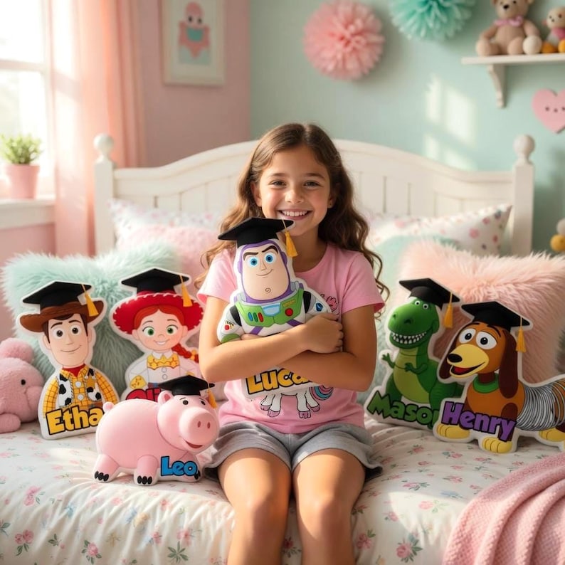 May include: A young girl smiles, holding a Buzz Lightyear plush toy. Other Toy Story character plushies, including Woody, Jessie, Rex, Slinky Dog, and Hamm, are arranged on a bed. Each character wears a graduation cap.