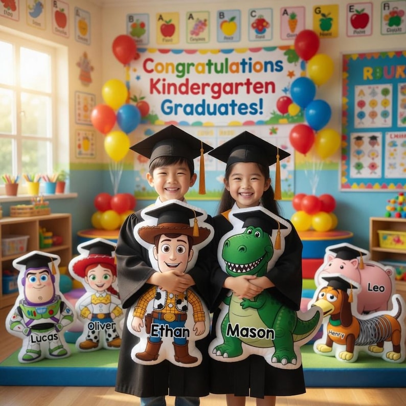 May include: Two children in graduation gowns holding character pillows, with the text "Congratulations Kindergarten Graduates!" Balloons and classroom decorations are in the background. The pillows feature Woody and Rex characters. Other character pillows include Buzz Lightyear, Jessie, and Slinky Dog.