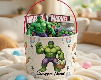 Personalized Marvel Hulk Easter Basket, Superhero Easter Basket for Boys, Custom Name Bunny Superhero Basket, Kids Easter Egg Hunt Basket