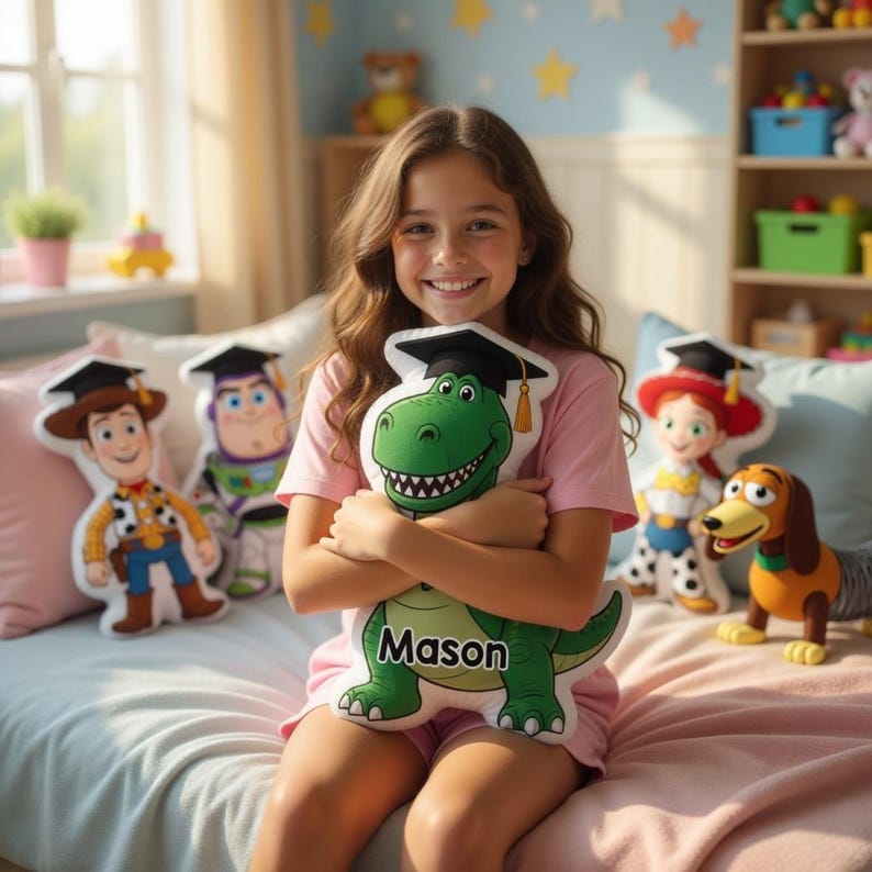 May include: A smiling girl holds a green dinosaur plush toy wearing a graduation cap, with the name "Mason" printed on it. Other character pillows, including Woody, Buzz Lightyear, and Jessie, are visible in the background.