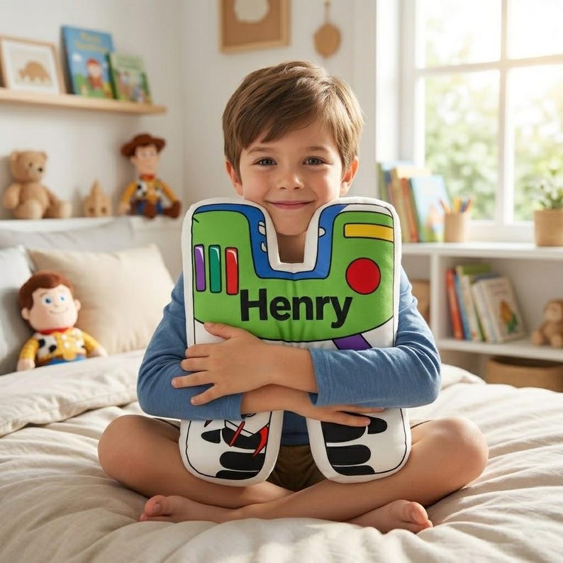 Pode incluir: Uma almofada de pel&uacute;cia verde, branca e roxa em forma de nave espacial de brinquedo, com o nome "Henry" impresso. A almofada tem um c&iacute;rculo vermelho e formas retangulares. A almofada est&aacute; sendo segurada por uma pessoa.
