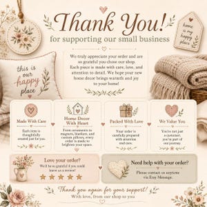 May include: A beige thank you card for a small business featuring brown text, floral illustrations, and icons of a heart, house, gift, and stars. The text includes 'Thank You! for supporting our small business' and 'Need help with your order?'