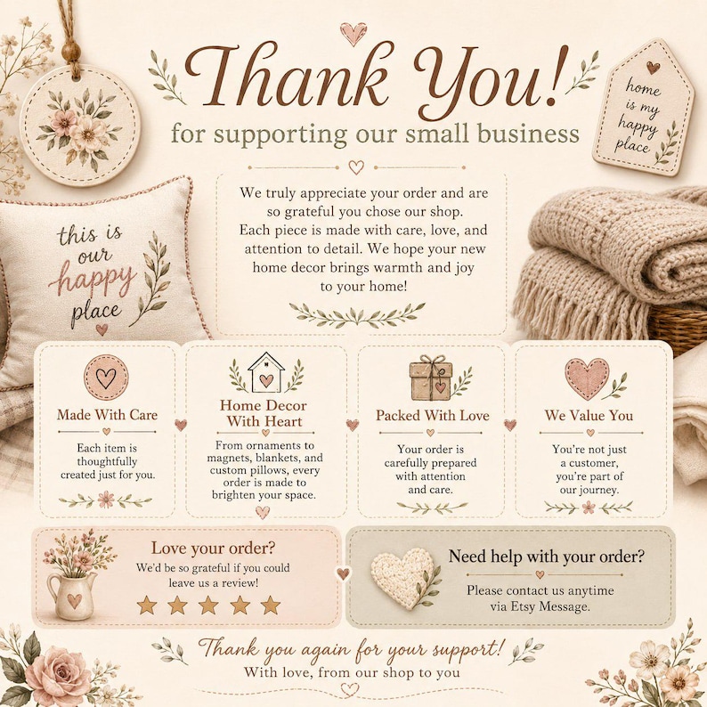 May include: A beige thank you card for a small business featuring brown text, floral illustrations, and icons of a heart, house, gift, and stars. The text includes 'Thank You! for supporting our small business' and 'Need help with your order?'