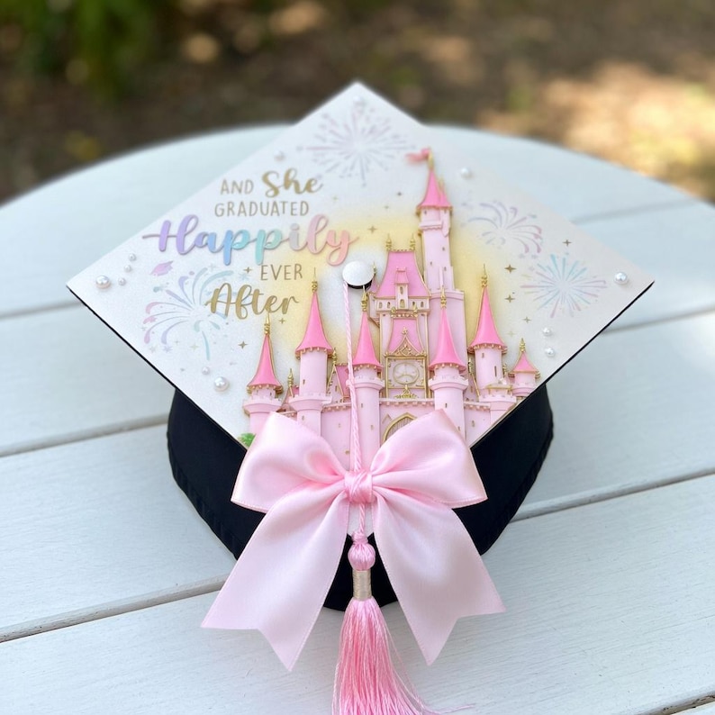 Custom Graduation Cap Topper, Disneyland Castle Grad Cap, Princess Happily Ever After Cap Topper, Pink Fairy Tale Graduation Decor image 5