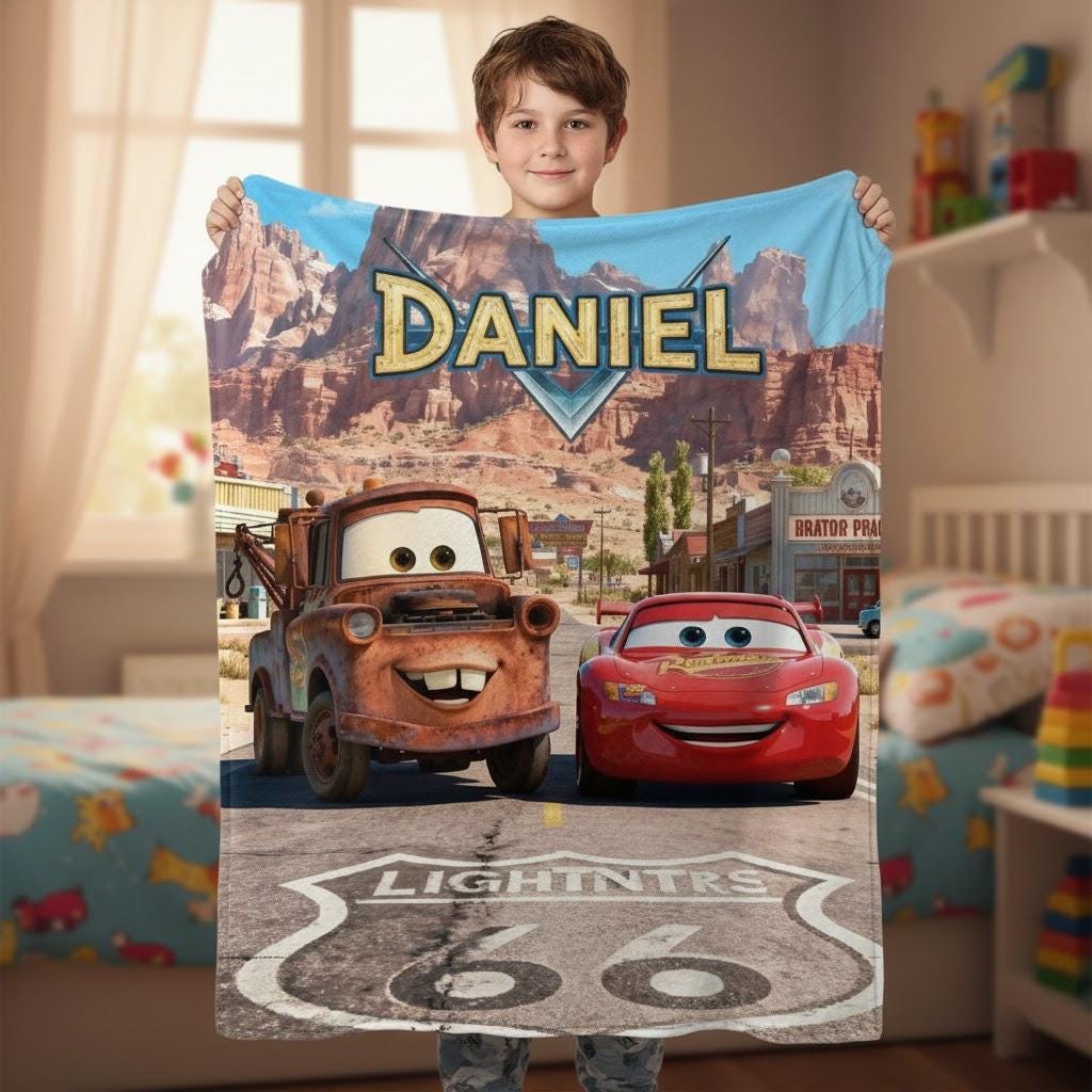 Discover Personalized Cars Blanket, Mater and Lightning McQueen Route 66 Blanket, Custom Pixar Kids Blanket, Radiator Springs Adventure Gift