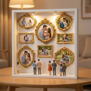 Może przedstawiać: Białe pudełko z dziewięcioma zdjęciami par w złotych ramkach. Miniaturowe figurki ludzi są umieszczone na dole. Ramki są owalne i prostokątne, z ozdobnymi detalami. Zdjęcia przedstawiają romantyczne chwile.