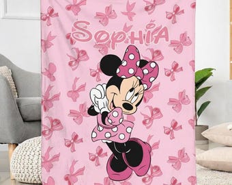 Coquette Bow Minnie Mouse Fleece Blanket, Cute Disney Blanket, Custom Name Minnie Mouse Blanket, Christmas Gifts
