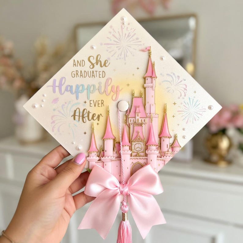 May include: A diamond-shaped graduation cap topper featuring a pink castle illustration, fireworks, and the text "And She Graduated Happily Ever After" in gold and pastel lettering. The topper is decorated with white pearls and a pink satin bow.