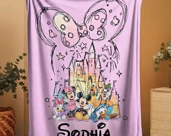 Personalized Disney Coquette Blanket, Mickey And Friends Castle Throw, Custom Name Kids Blanket, Cute Disney Birthday Gift