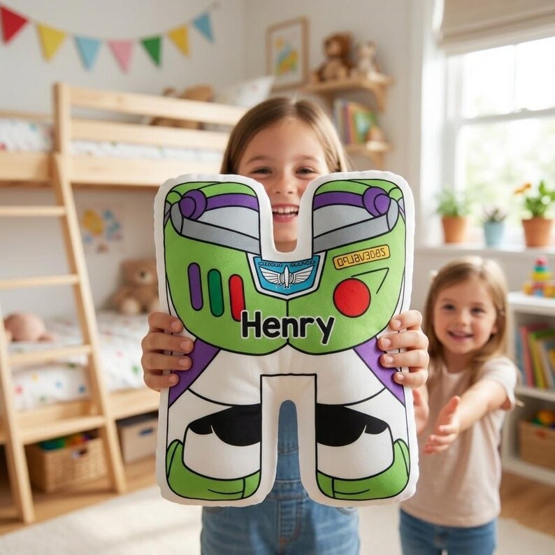 May include: A white, green, and purple decorative pillow in the shape of the letter "H". The pillow features a design inspired by Buzz Lightyear, with the name "Henry" printed on it. The pillow is held by a person.