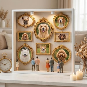 Puede incluir: Una vitrina blanca con nueve retratos de perros enmarcados en marcos dorados ornamentados. Figuras en miniatura de personas están de pie frente a la exhibición. Un reloj analógico dorado y velas encendidas están sobre la mesa.