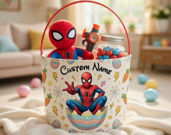Custom Spider Man Easter Egg Basket for Kids, Marvel Superhero Easter Basket, Custom Name Bunny Superhero Basket, Easter Egg Hunt Basket