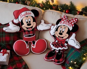 Almohada navideña personalizada de Mickey y Minnie, peluche de Disney con nombre personalizado para niños, almohada navideña con forma, regalo navideño a juego para parejas.